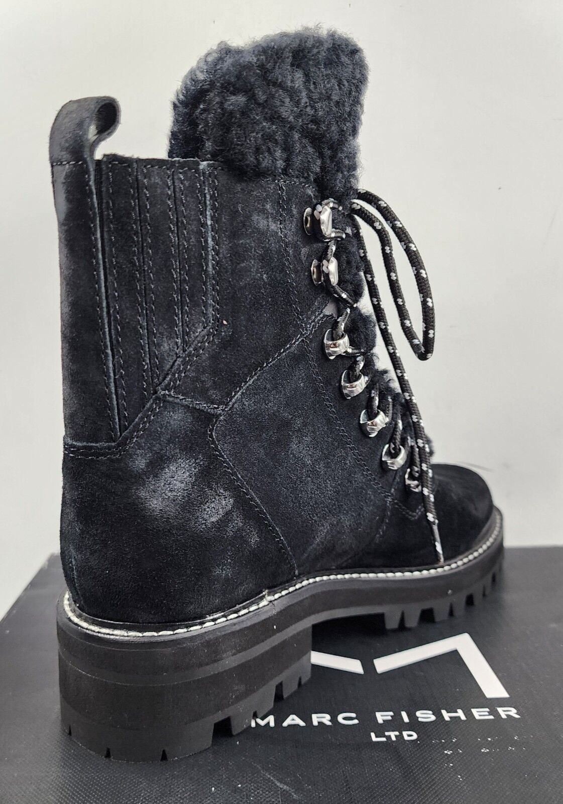 Marc Fisher Izzie Genuine Shearling Lug Sole Boot Women's 7M Black Lace Up Style - Picture 6 of 15