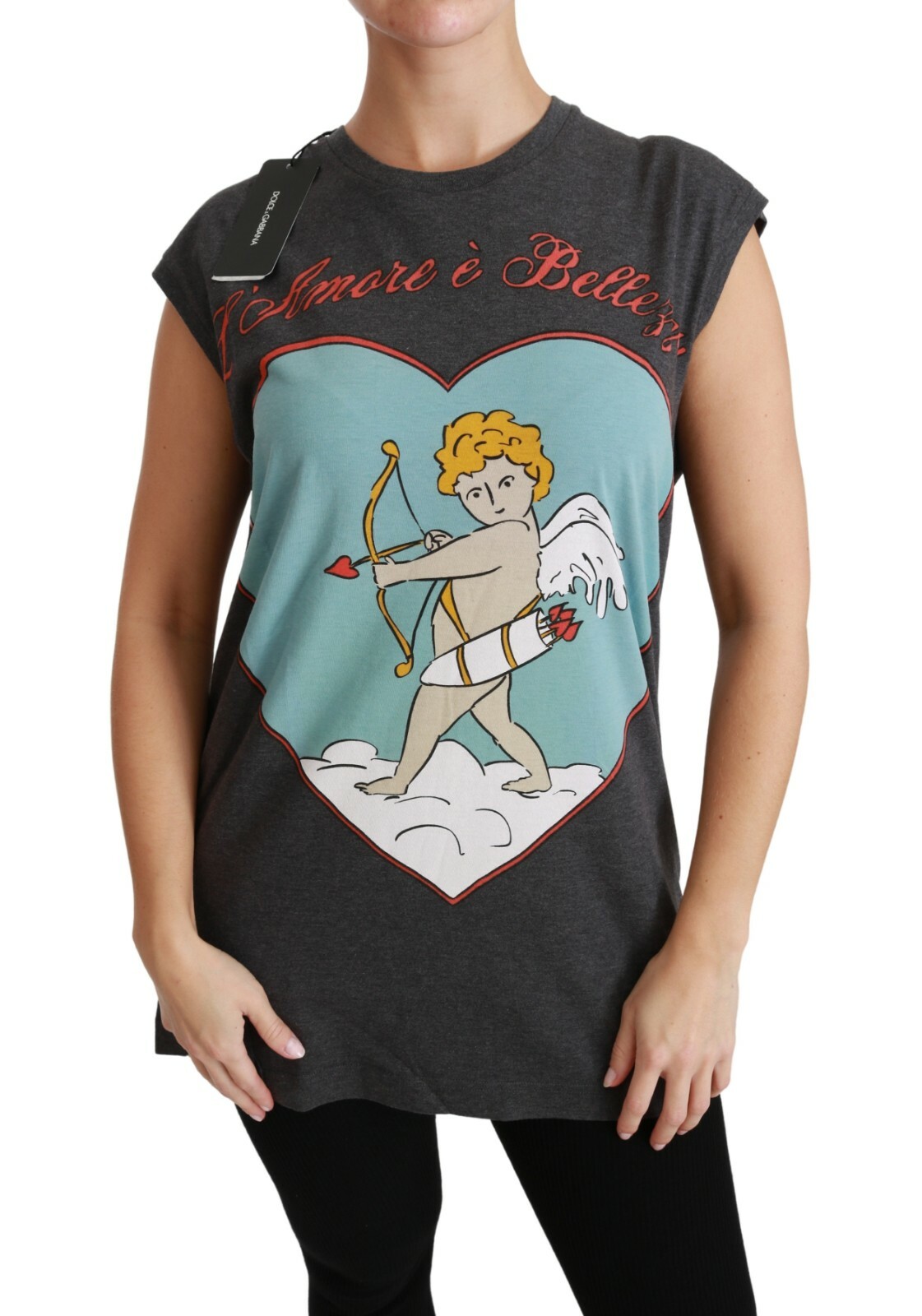 

DOLCE - GABBANA Топ Хлопковая серая футболка LAmore EBellezza IT36 / US2 /  450 долларов США, Серый