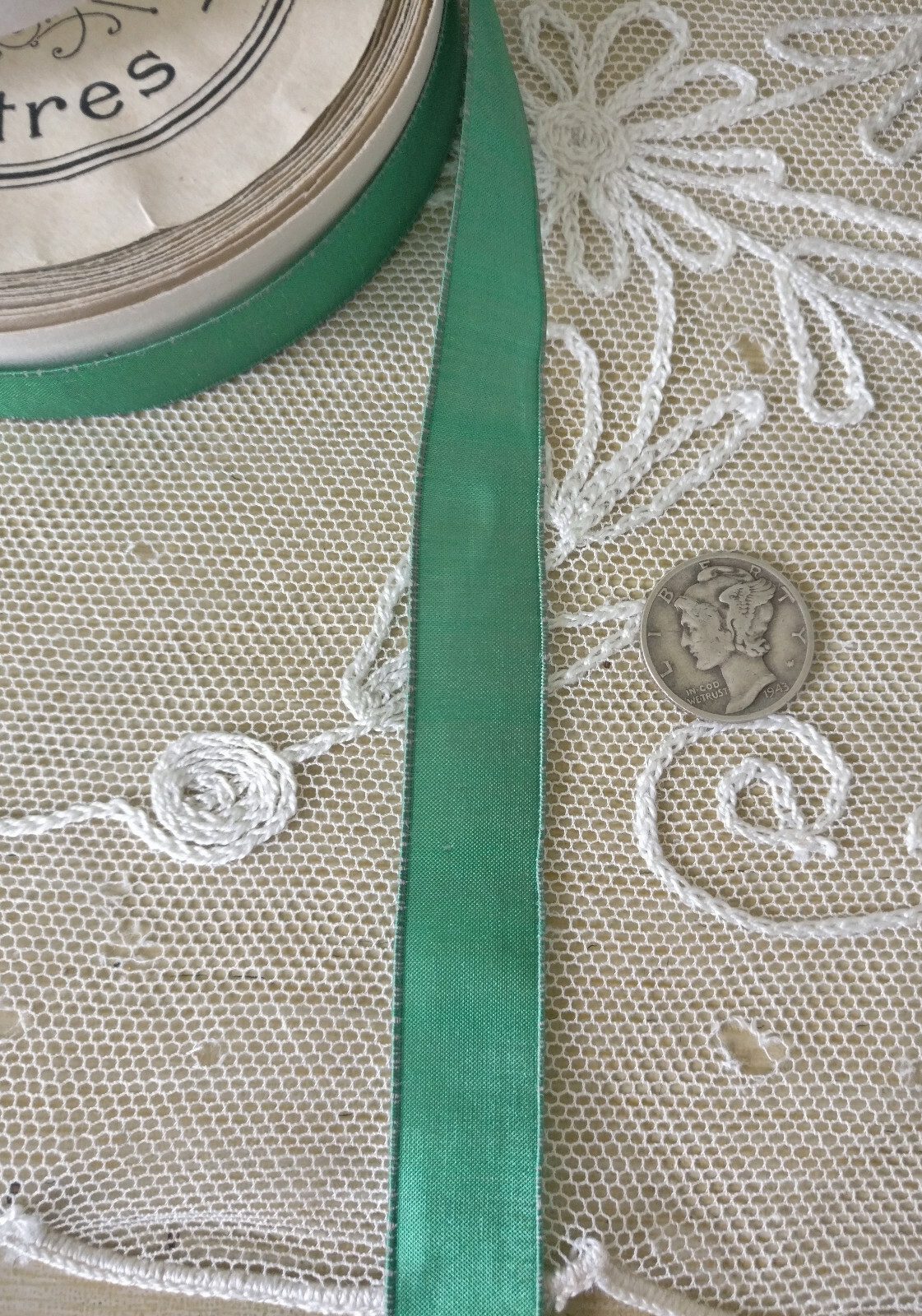 Antique St Patrick Roll Emerald Green Ribbon Original Labels Metres Vintage Silk