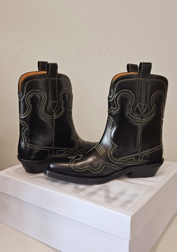 Pre-owned Ganni Low Shaft Embroidered Western Boots - Black/yellow ( Origin $595 )