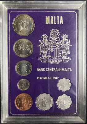 1972 MALTA - FIRST OFFICIAL MINT UNC SET (8) - MILLS & CENTS - ORIG. PKG -BEAUTY