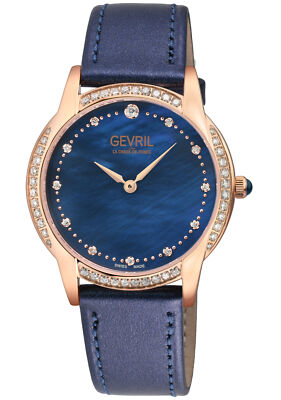 Pre-owned Gevril Women's 13253 Airolo Swiss Quartz Diamond Blue Mop Dial Leather Watch