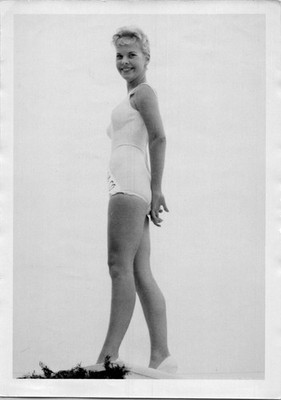Pretty woman beauty pageant posing in white bathing suit Found Photo V0395