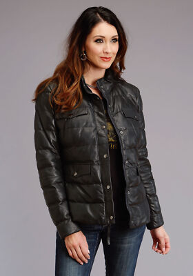 Pre-owned Stetson Womens Navy Lamb Leather Puffy Quilted Jacket In Blue