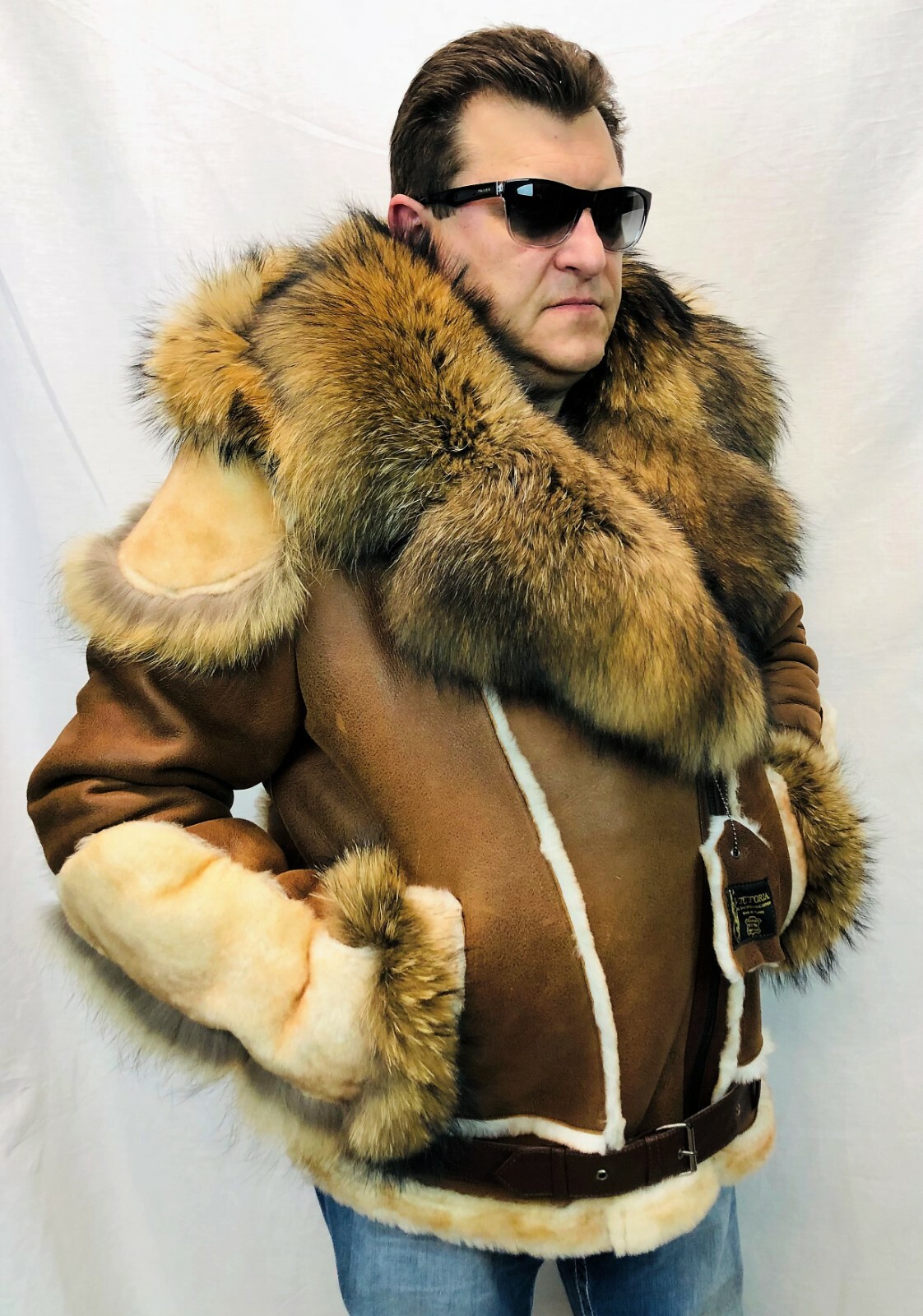 Pre-owned Victoria Real 100% Sheepskin Shearling Leather Real Raccoon Bomber B3 Coat Jacket S-8xl In Brown