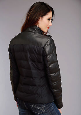 Pre-owned Stetson Womens Navy Lamb Leather Puffy Quilted Jacket In Blue