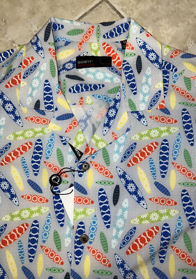 Quieti Performance Button Down Shirt L Short Sleeve Surfboard Print $110 NWT