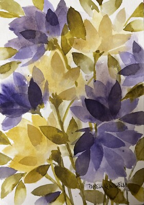 Pamela Wilhelm original 5x7 Watercolor  loose floral, purple, yellow olive green