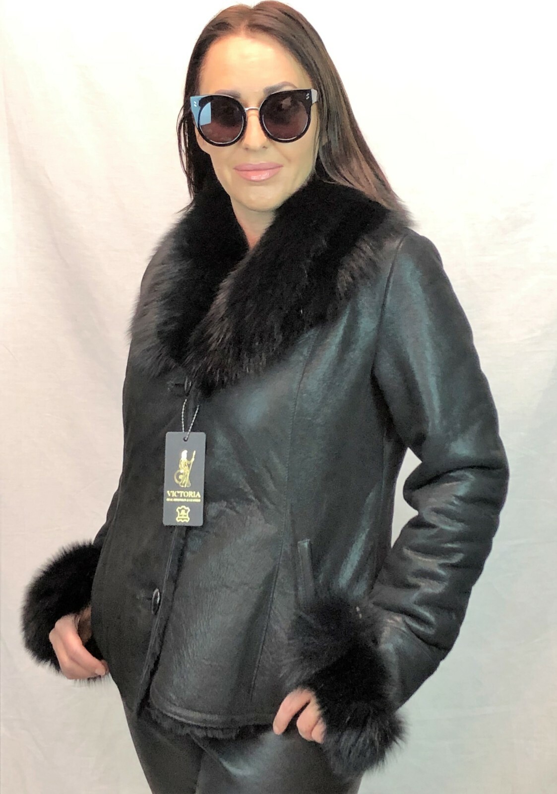 Pre-owned Victoria Real Fox Fur, 100% Real Sheepskin Shearling Leather, Buttons, Jacket Coat Xs-6xl In Black