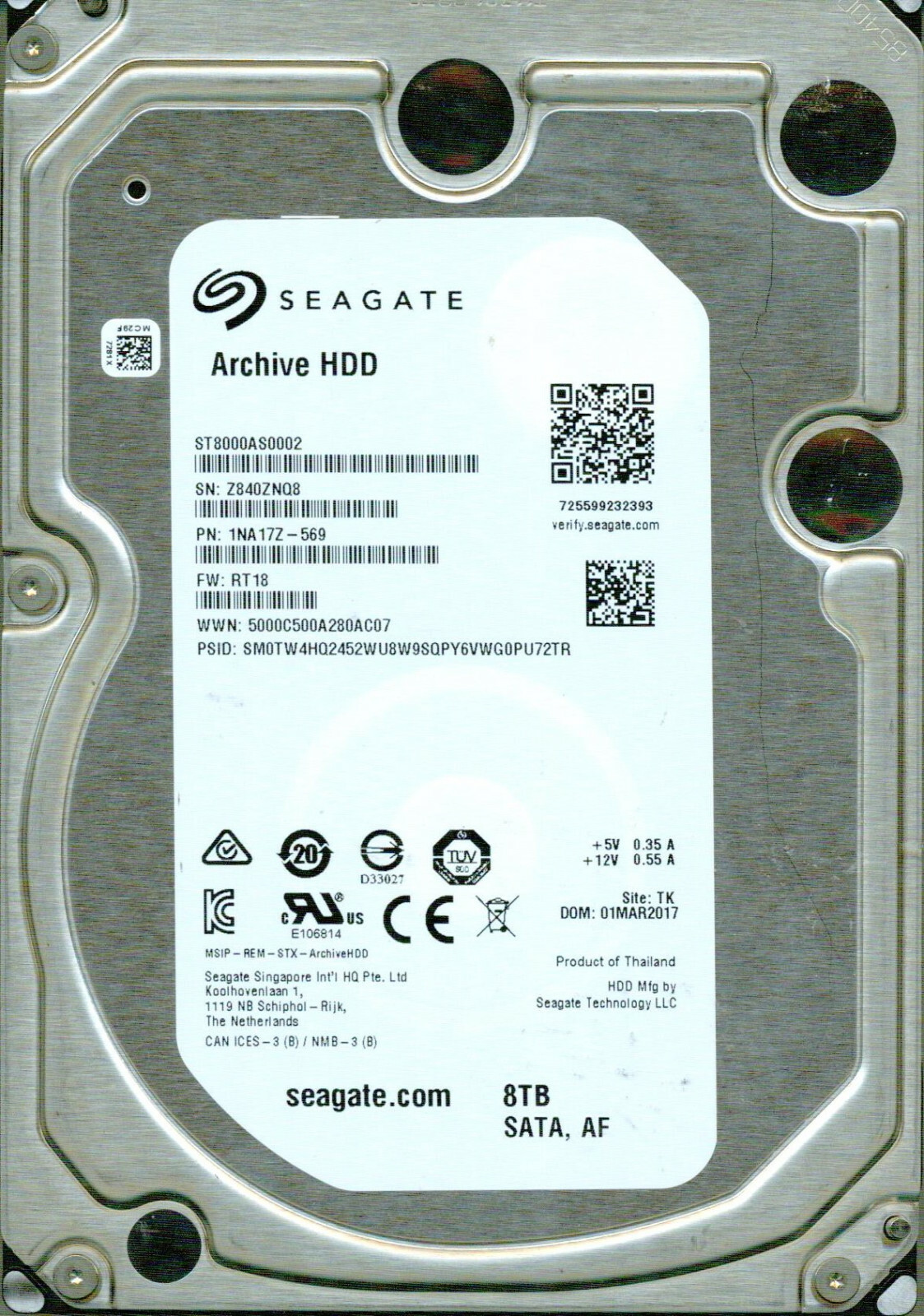 【正常】Seagate HDD 8TB ST8000AS0002 ST8000AS0002, 1NA17Z-569, RT18, TK, Z840, SEAGATE 8TB MAR
