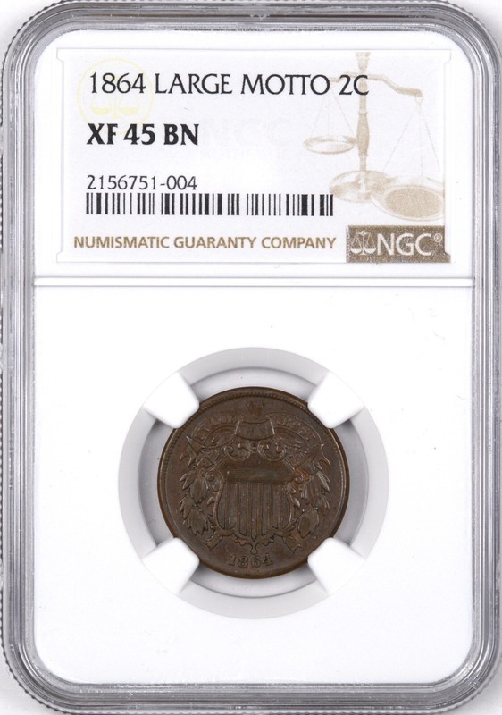 1864 Two Cent Copper Coin 2C - NGC XF45 BN