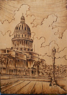 original wood burning pyrograph drawing art-havana capitol