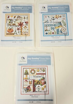 Lot Of 3 Joy Sunday Pre Printed Cross Stitch Kits 14 Count Winter Summer Autumn