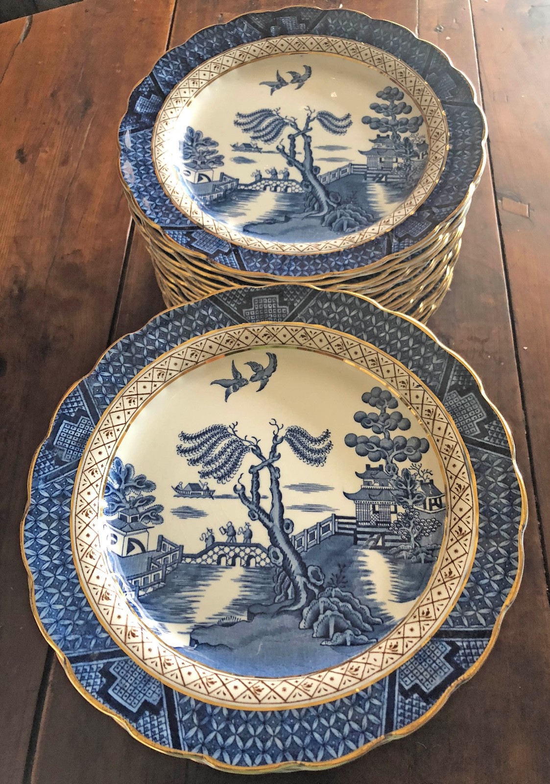 Booths Real Old Willow: Set of 4 China Dinner Plate (10.5 inch, gold trim)