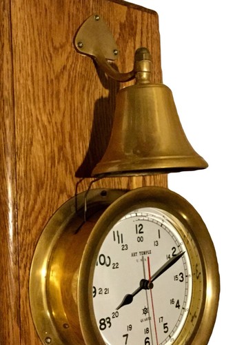 ART TEMPLE USA?? Brass Striking Bell Nautical Ships Maritime Clock On WOOD Nice!