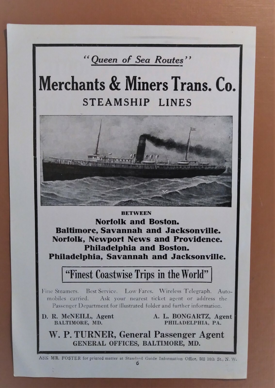 Antique Boat Ocean Travel 1918 Merchants &amp; Miners Trans. Co 