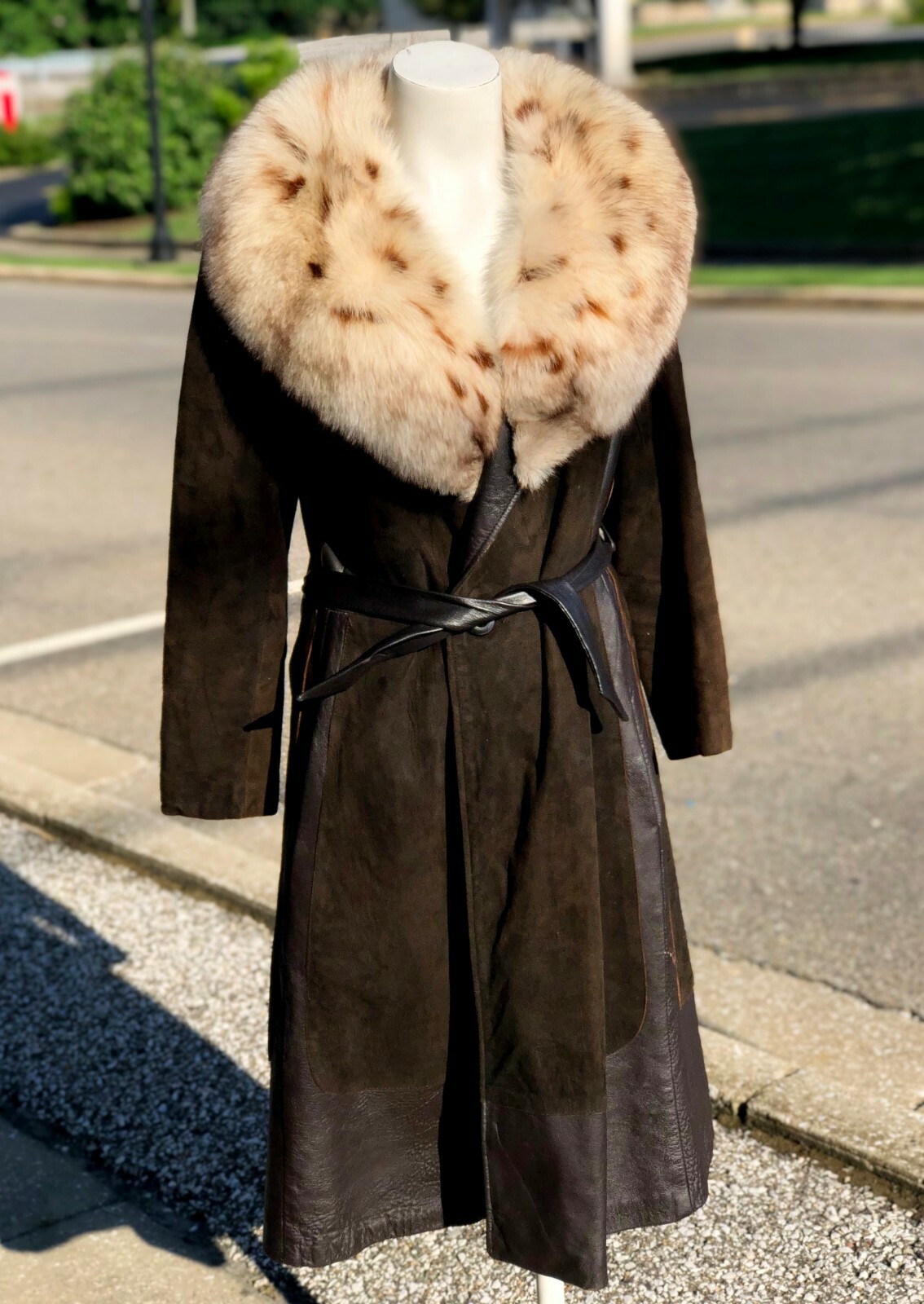 Genuine Spotted Fox Fur Suede Leather Belted Full Length Genuine Spotted Fox Fur Suede Leather Belted Full Length