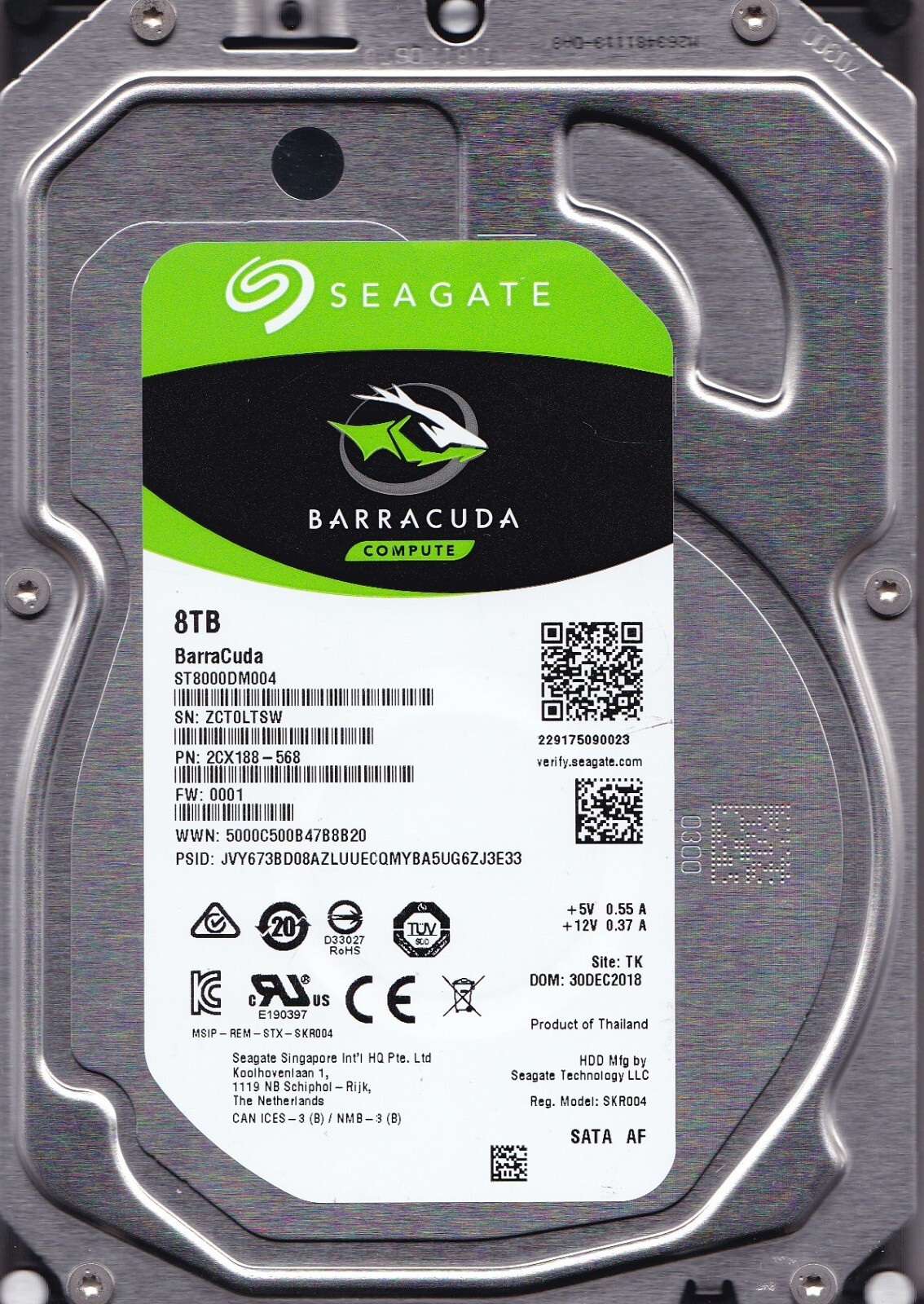 ST8000DM004 p/n: 2CX188-568 0001 s/n: ZCT DEC 2018 TK 8TB