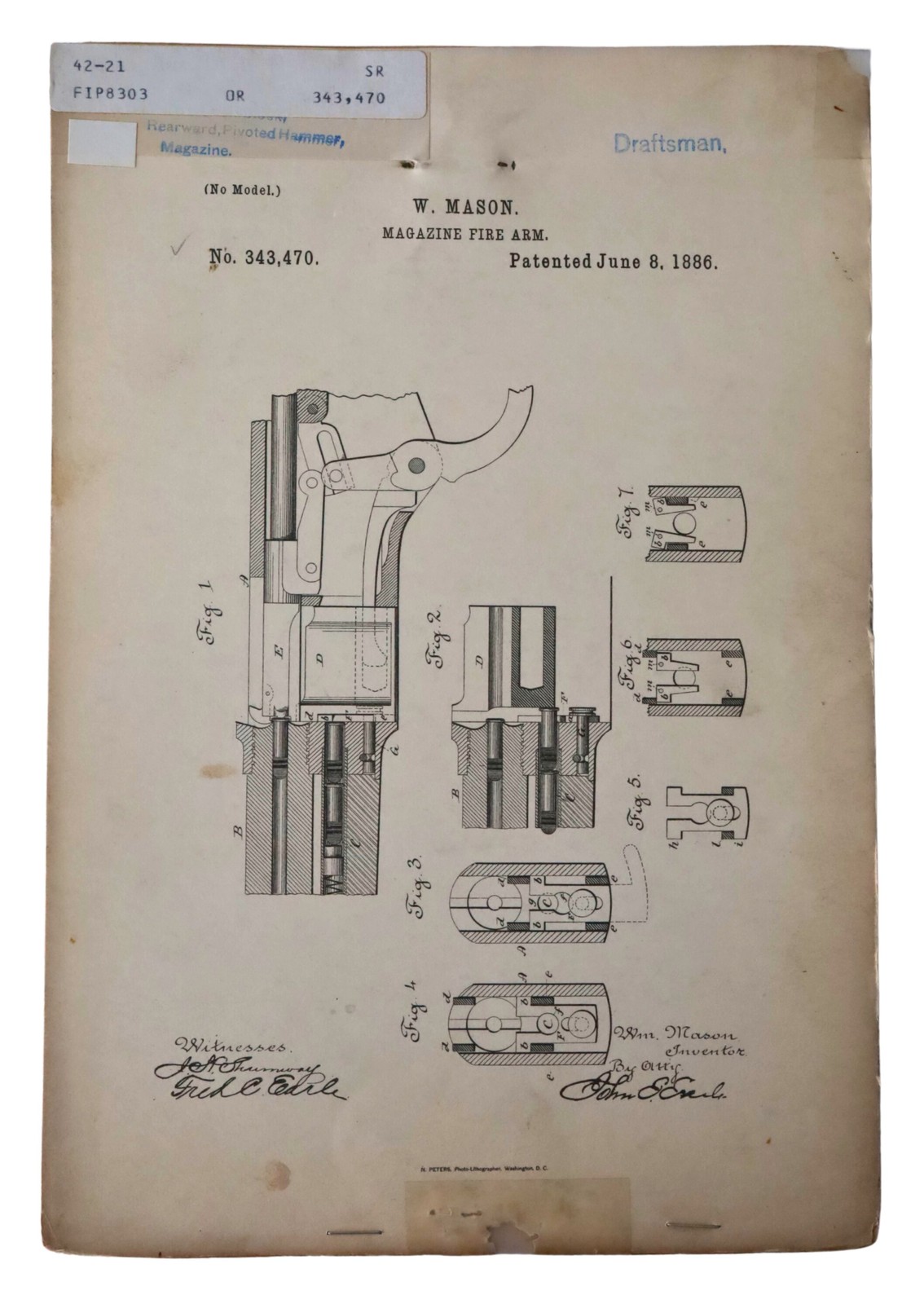 Original W. Mason US Patent Filings Drawing  Ephemera  Fire Arm  Magazine 1886