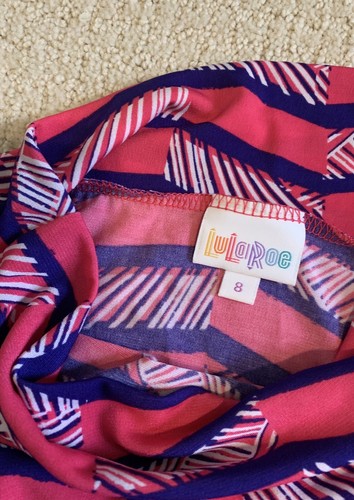 EUC LuLaRoe Kids Azure Skirt Size 8  Blue Hot Pink White Lines Rectangle