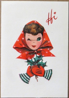 Vintage Christmas Card UNUSED MCM Pretty Winking Lady Starburst Hat Mittens