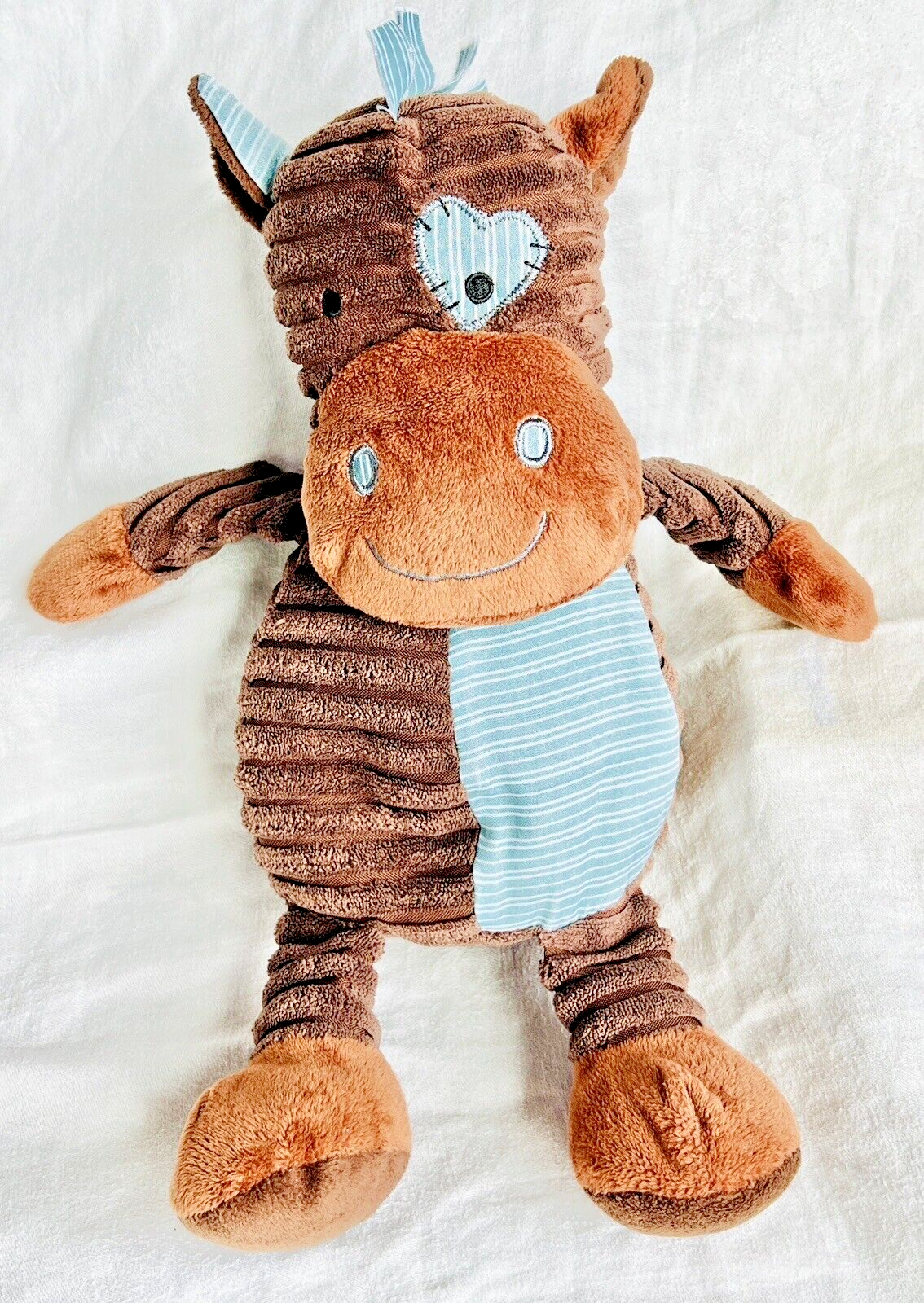 Dan Dee Brown Blue Horse Eye Heart Corduroy Ribbed Textured Plush Stuffed Animal