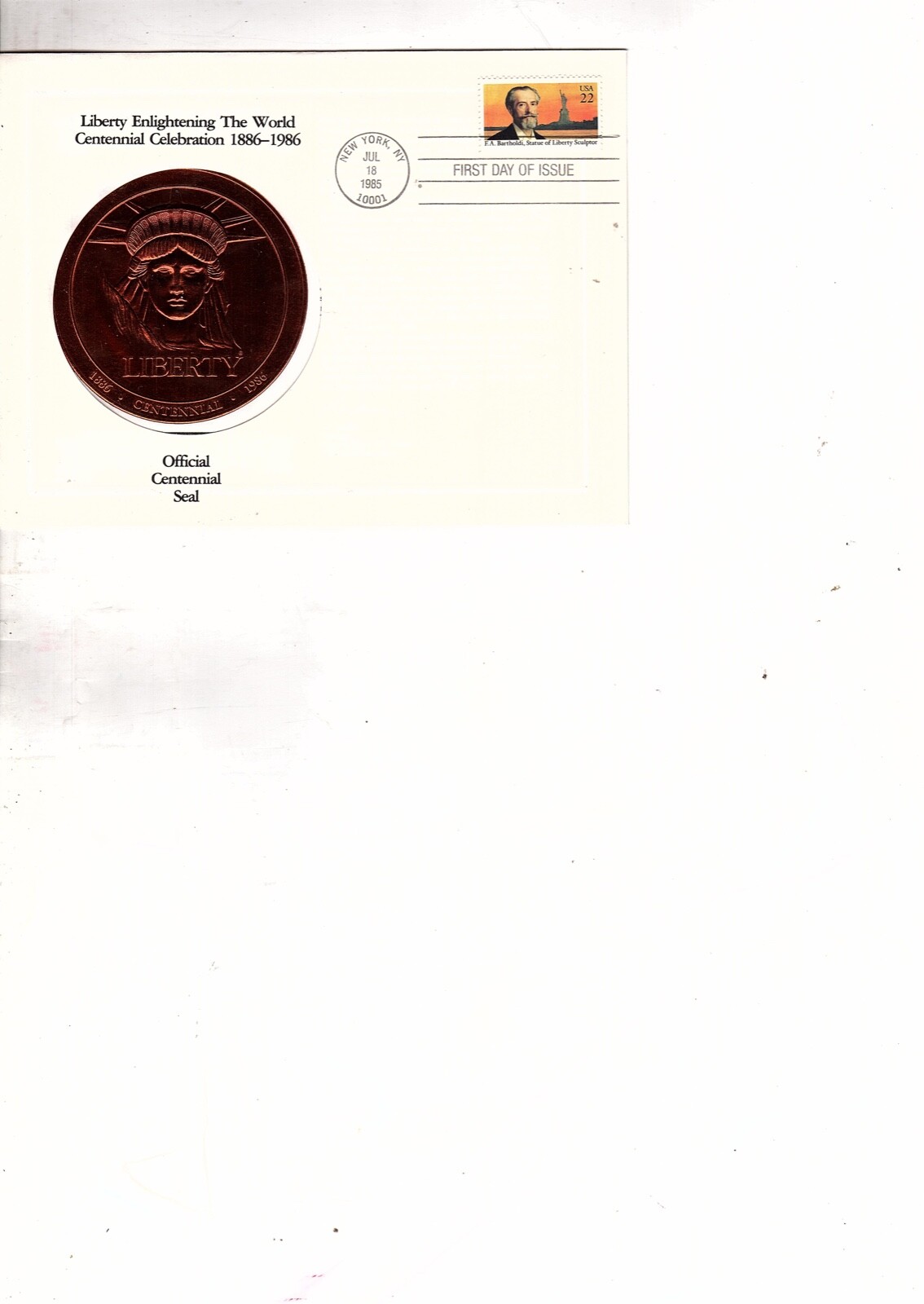 US Liberty Enlightening the World Centennial foil Seal FDC