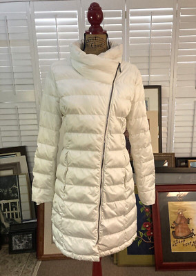DKNY Women's Puffer Jacket Ivory Cream Asymmetrical Long Sleeve Coat Size M