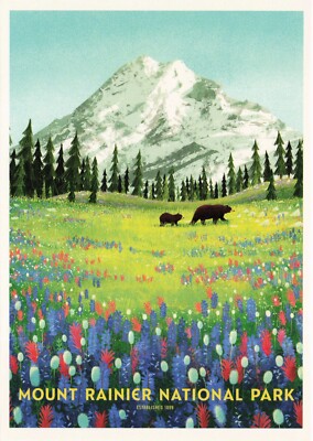 Mount Rainier National Park Mount Tacoma Bears Print Art Postcard Unused