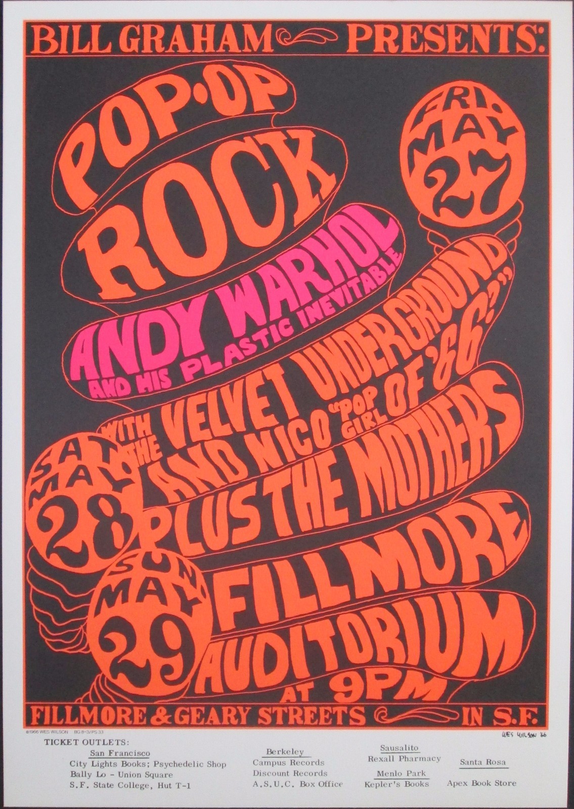 VELVET UNDERGROUND & NICO - ANDY WARHOL - FRANK ZAPPA - 1966 Poster BG 8-3 MINT