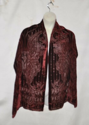 Bob Mackie Wearable Art Paisley Burnout Velvet Oblong Scarf --Burgundy