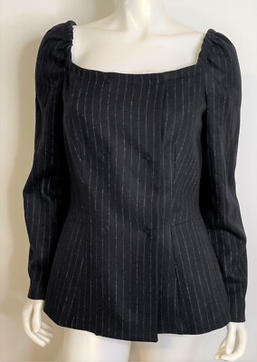 Armani Black White Chalk Stripe Wool Cashmere Jacket IT46 US 14 16 Peplum NEW