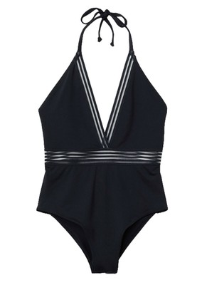 Damen Tiefer V-Ausschnitt Rüsche Bodycon Sommer Monokini Schwimmanzug Badeanzug