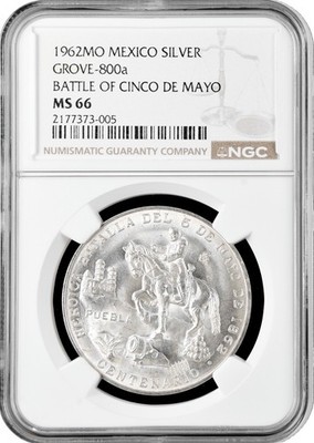Mexiko Silbermedaille 1962 Mo, NGC MS66, "Schlacht am Cinco de Mayo" GROVE-800a