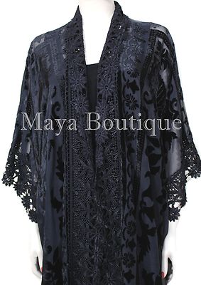 Pre-owned Maya Matazaro Lace & Burnout Velvet Kimono Caftan Jacket Duster Black  Plus