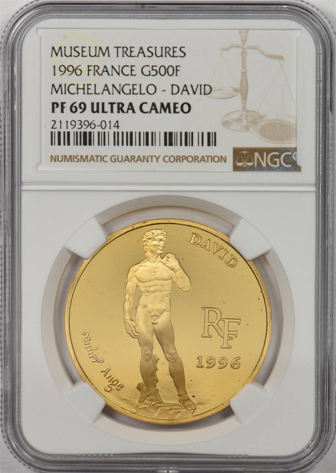 France 1996 500 Francs gold NGC Proof 69UC Michelangelo David