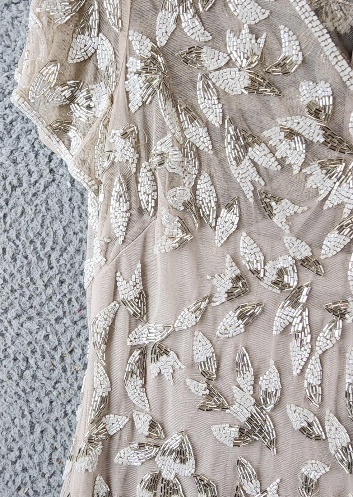 Adrianna Papell Beaded Godet Gown Women's 10 Beige V-Neck Hook & Eye Closure S/S - Picture 9 of 24