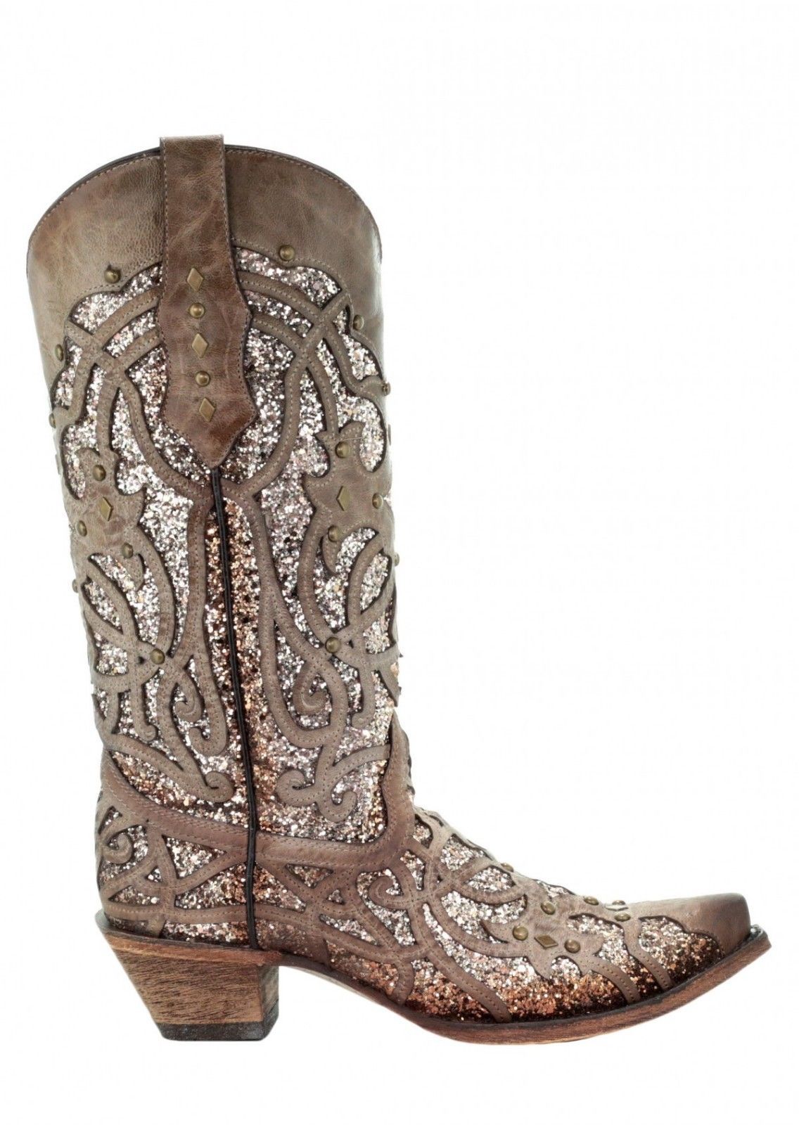 Pre-owned Corral Boots Corral Orix Glitter Inlay And Studs Snip Toe Western Boots C3331 In Brown