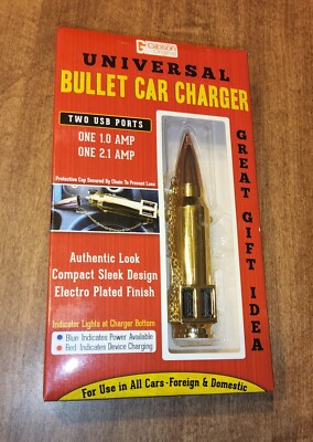 Universal Bullet Car Charger 2 USB Ports Electro Plated Finish Authentic Look 