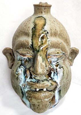 Sign Marvin Bailey Primitive Folk Art Pottery Stoneware Glaze Face Jug Southern 