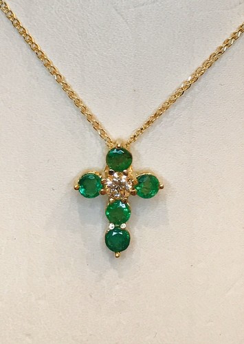 Pre-owned H3jewels 14k Solid Yellow Gold Natural Emerald & Diamond Pendant May Birthstone Cross In Green