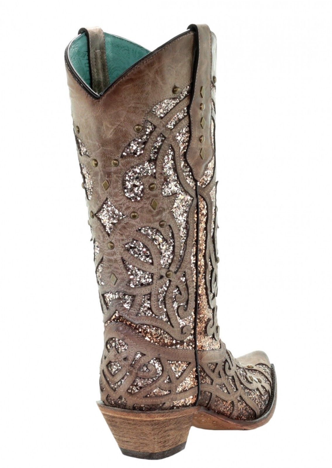 Pre-owned Corral Boots Corral Orix Glitter Inlay And Studs Snip Toe Western Boots C3331 In Brown