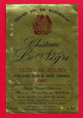 89/61 Etiquette BORDEAUX Côtes de Bourg Château Le Nègre 1987 Cuvée spéciale
