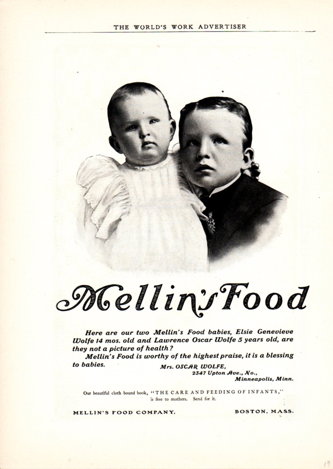 1902 ad vintage Mellin's Food Baby Elsie & Lawrence Oscar Wolfe Minneapolis Minn