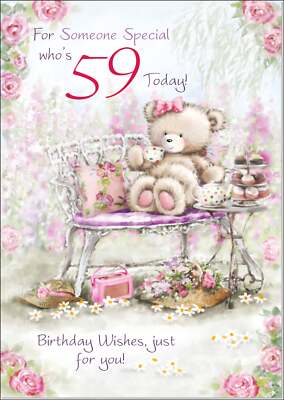 Doodlecards 59th Birthday Card Age 59 for Her Cute Teddy's Afternoon Tea