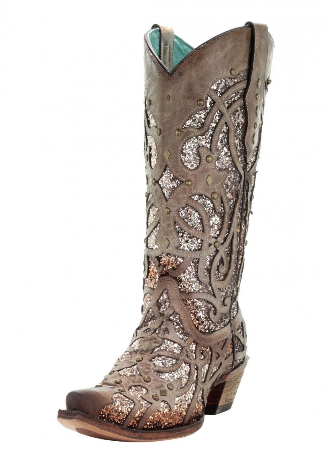 Pre-owned Corral Boots Corral Orix Glitter Inlay And Studs Snip Toe Western Boots C3331 In Brown