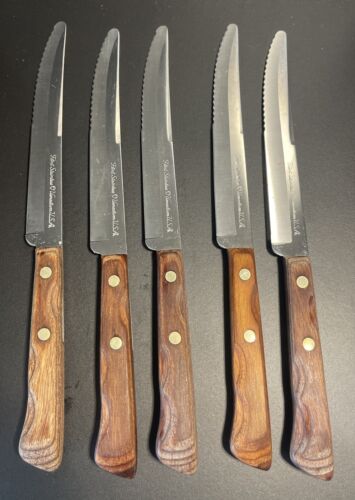 Vintage EKCO Flint Stainless Vanadium 5 Knife Set USA Steak Meat Serrated