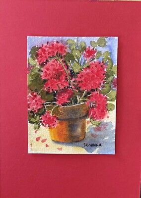 Pamela Wilhelm  Watercolor original 5x7 Mat board 3 x 4  image Geranium In Red