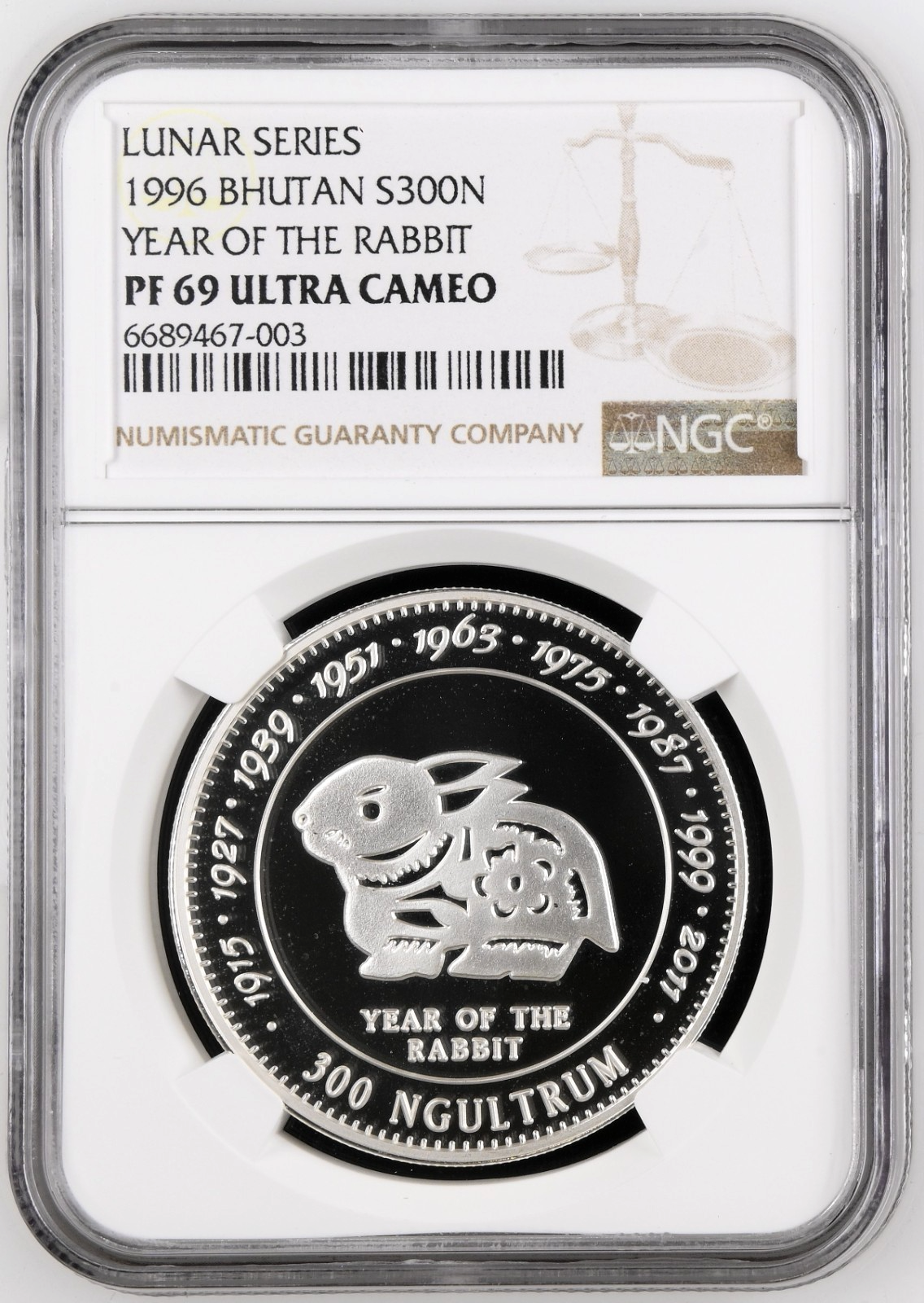1996 Bhutan Silver 300 Ngultrums Proof Coin Year of the Rabbit NGC