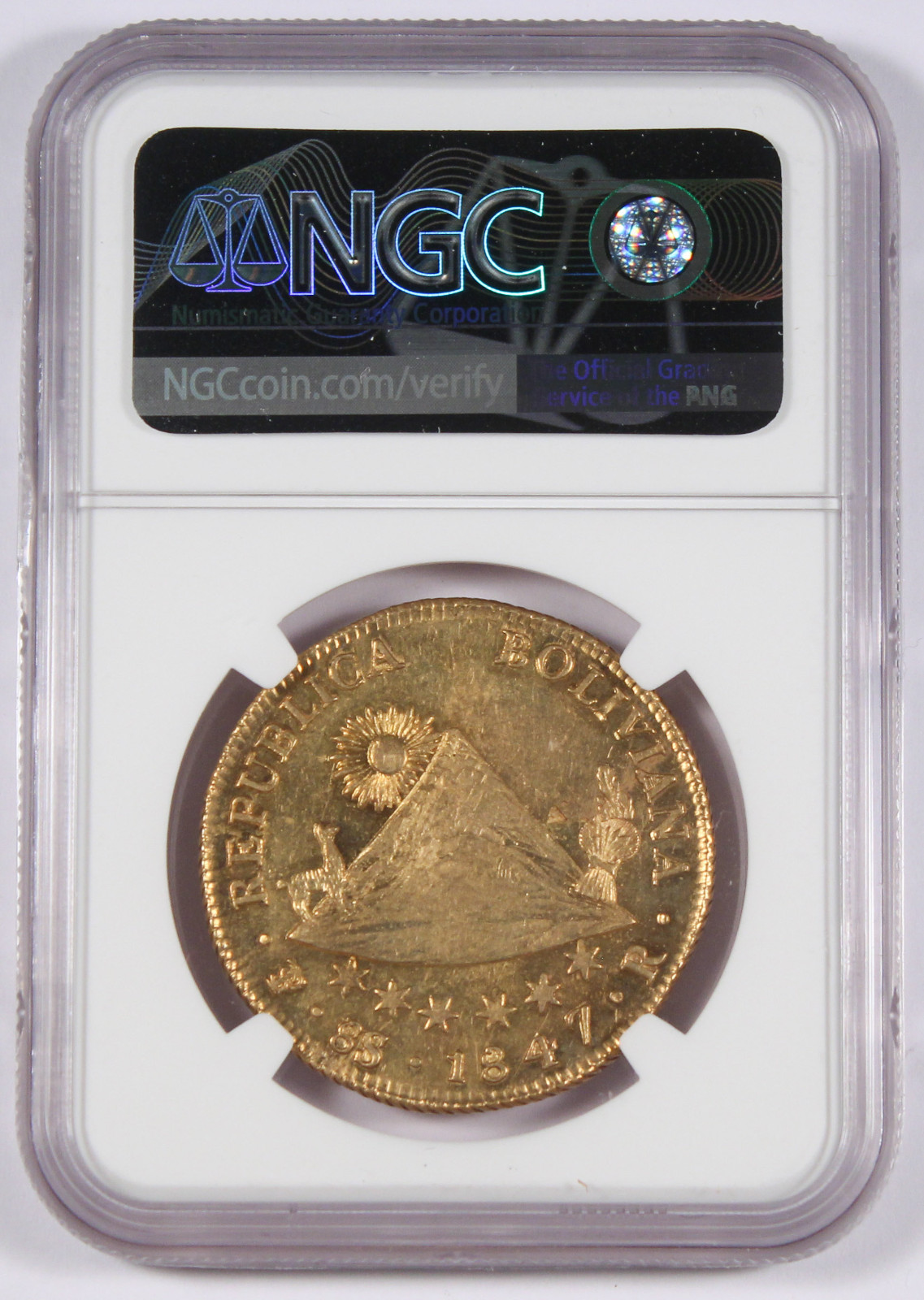 Bolivia 1847 PTS R 8 Scudos/Escudos Gold Coin NGC AU58 AU Fr-26 KM-108.2 @RARE@